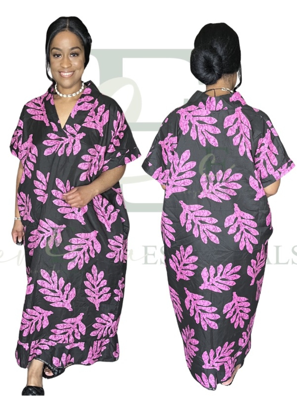 Black & Pink Leaf Print Boubou Dress | One Size (M–XXL)
